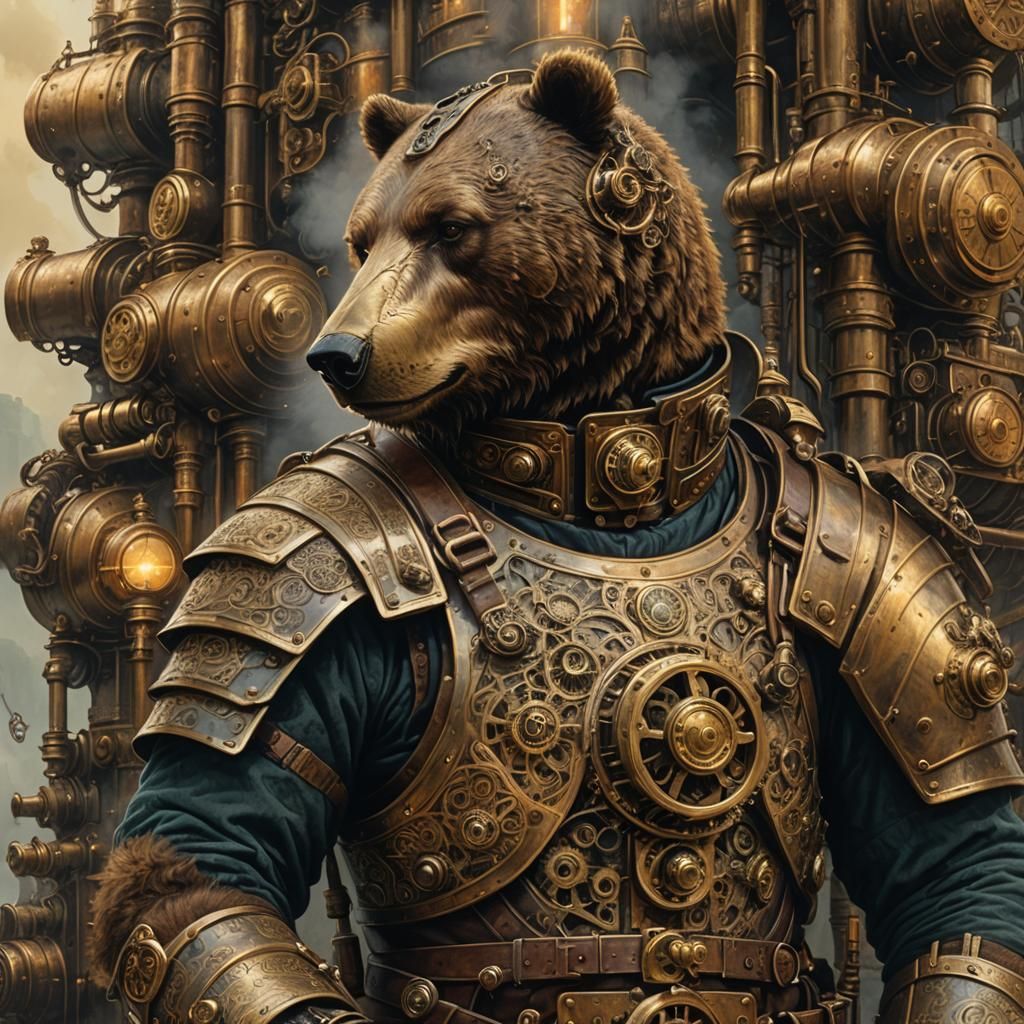 Steampunk Bear-Human Hybrid Inspects Steam Engine