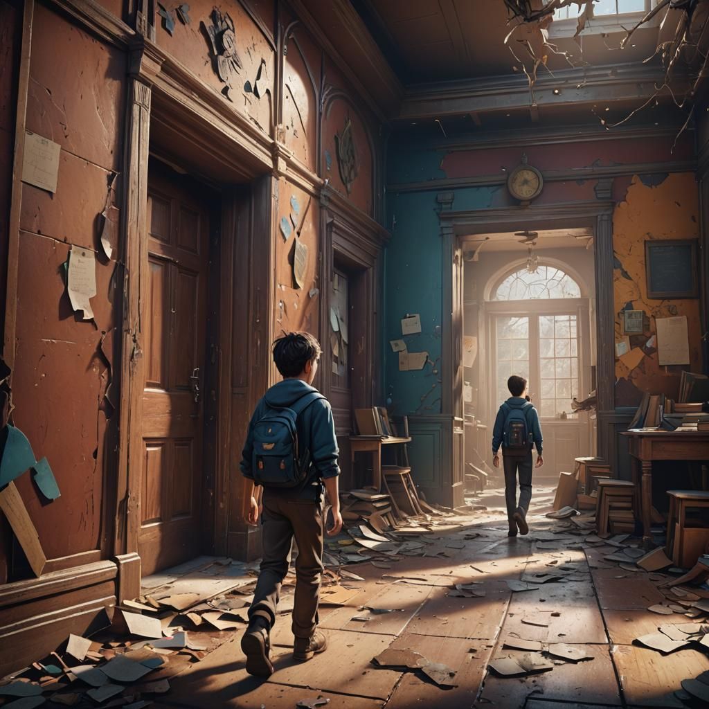 The boy walking out of the classroom with a heartbroken expression, leaving the school behind.