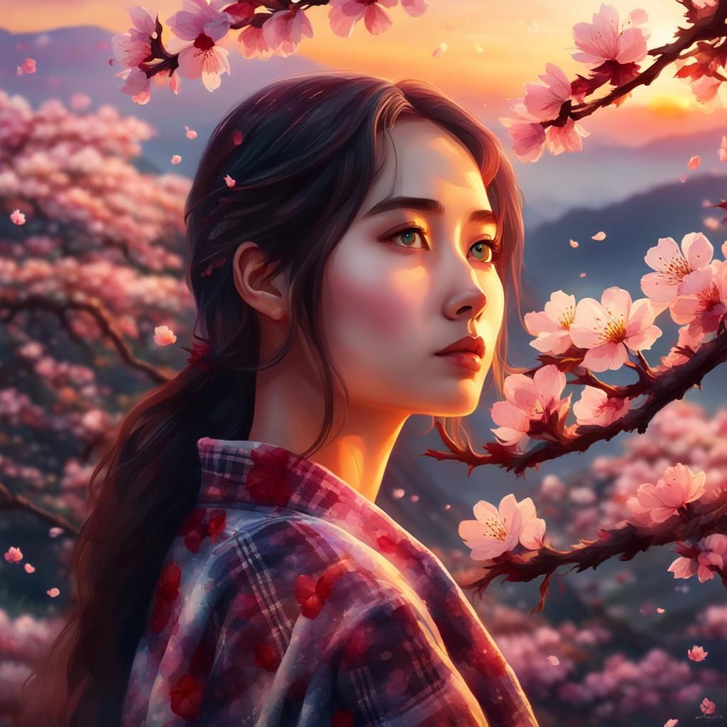 Girl with Sakura Petals in Watercolor Landscape