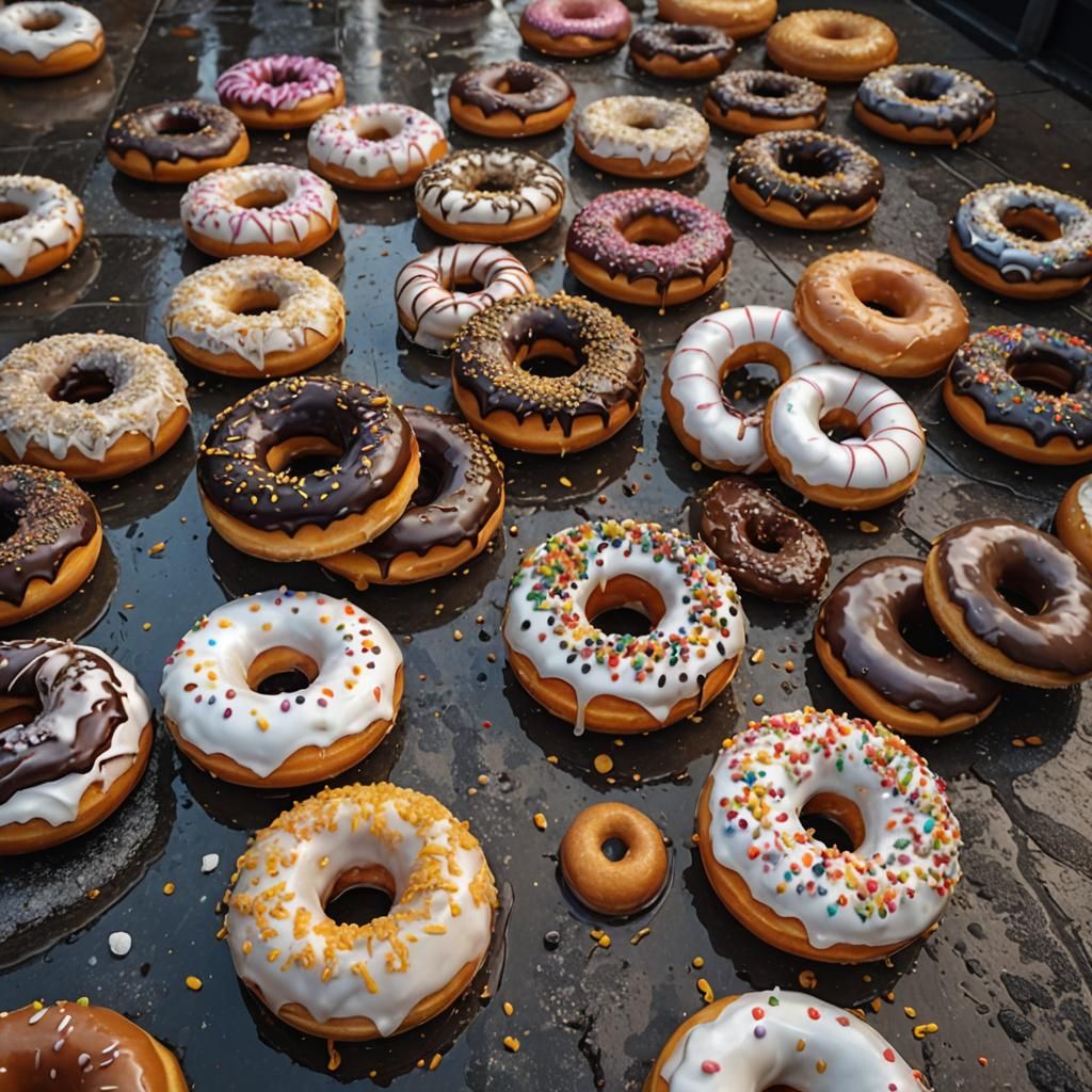 Electric Donuts in Rainy Cityscape: Hyperrealistic Digital A...