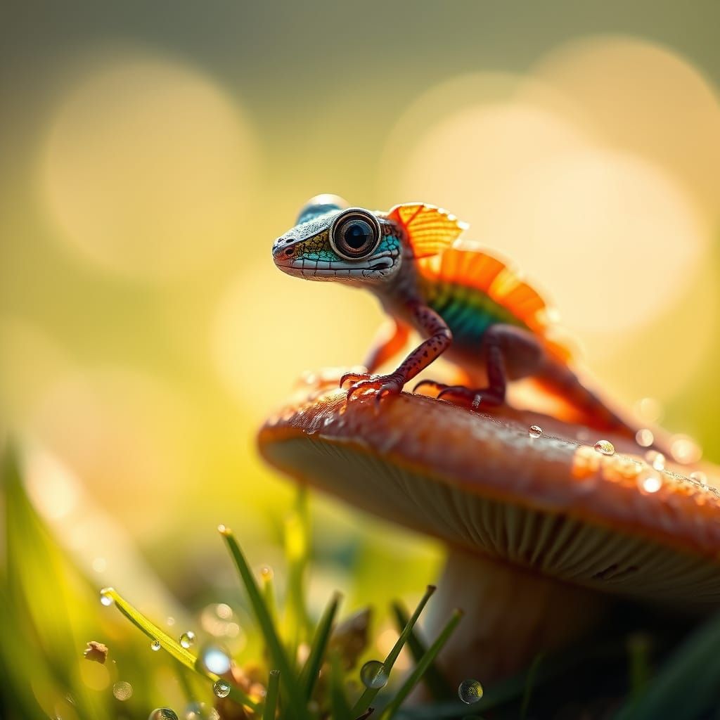 Vibrant Macro Photography of a Tiny Rainbow Dragon on a Mush...