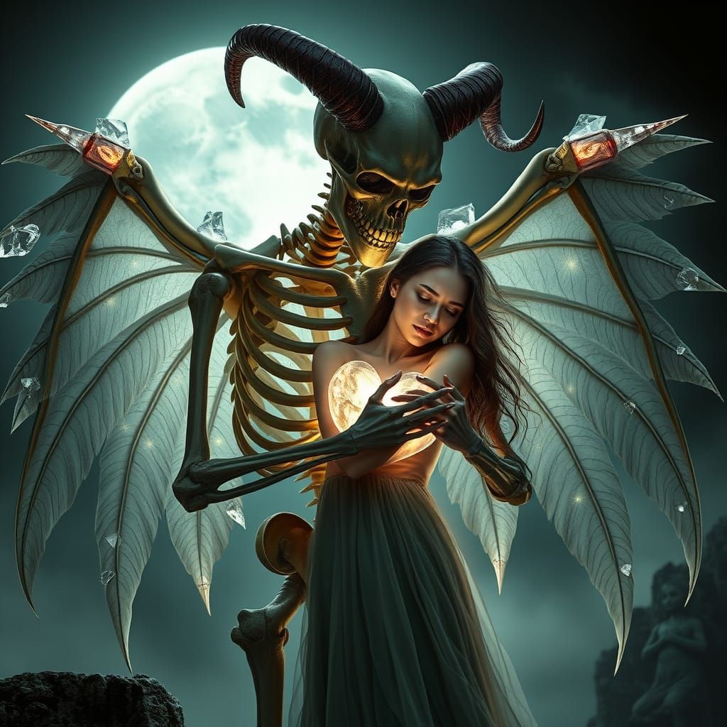 Skeletal Figure Embraces Woman in Gothic Dreamscape