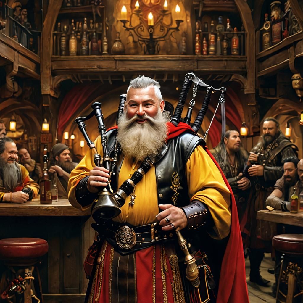 Laughing Dwarf Bard in a Magical Bar