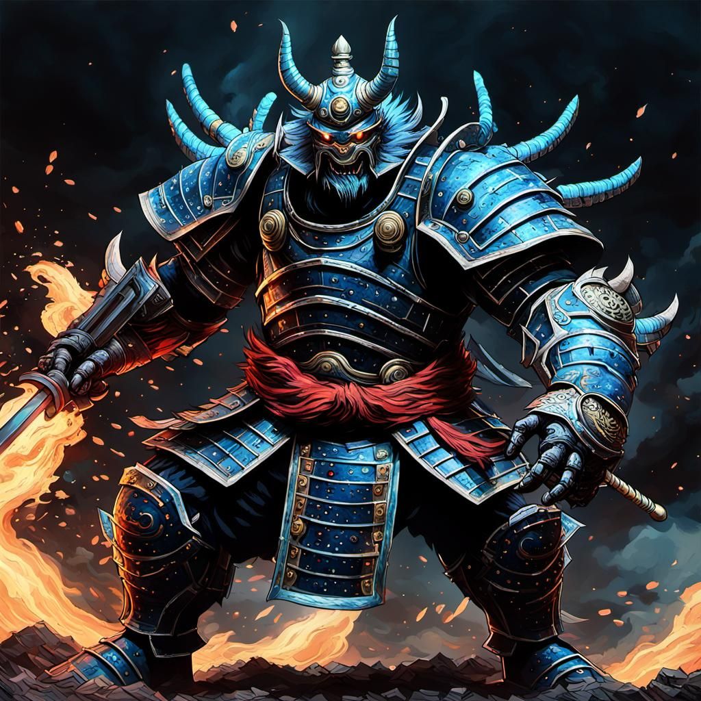 an ugly behemoth masked divinity samurai like creature