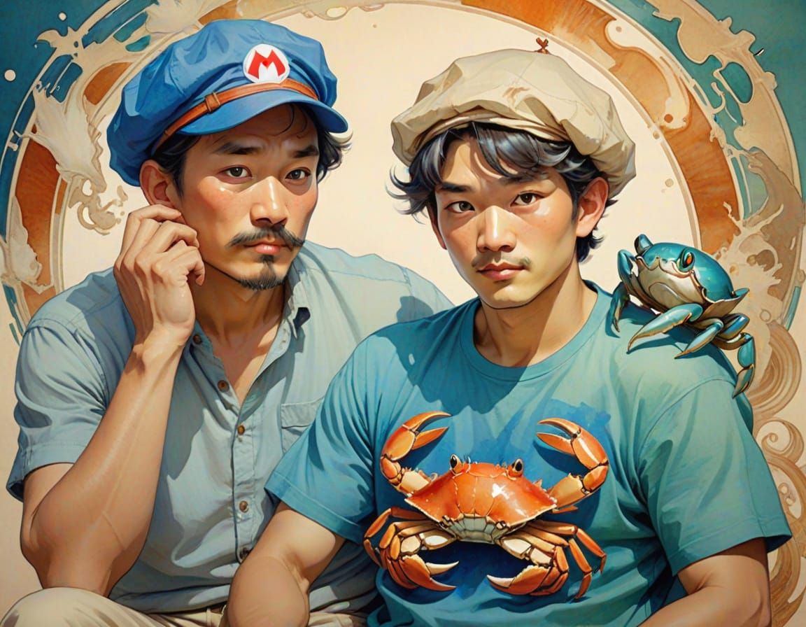 Asian Boy Enjoys Art Nouveau Moment with Crab and Gentle Com...
