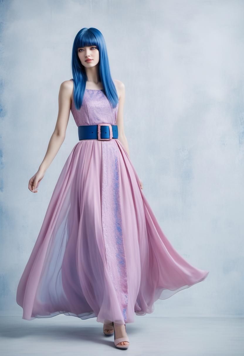 Girl with Blue Hair in Pink Gown