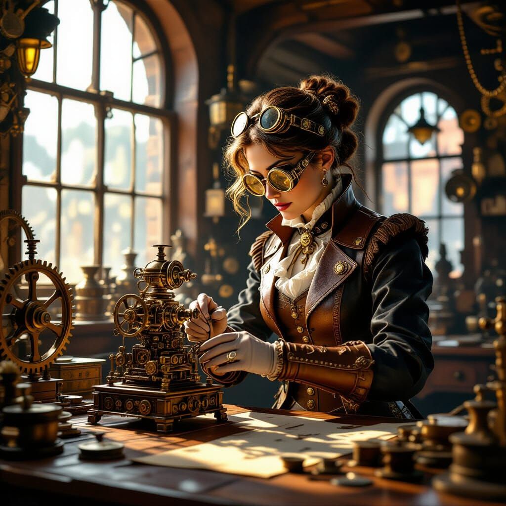 Victorian Inventor's Workshop with Steampunk Automaton