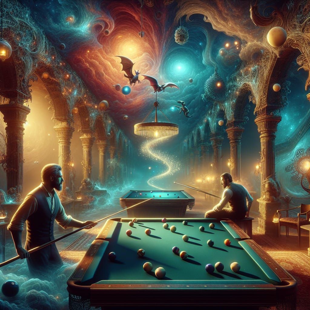 Fantastical Billiards Game in Matte Painting Style