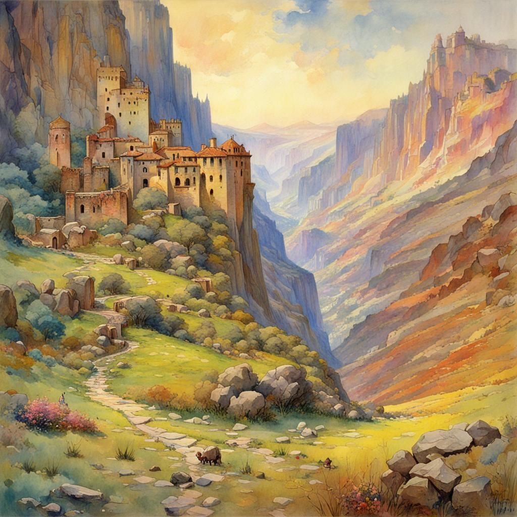 Fort in Valley: Watercolour Art Nouveau Style