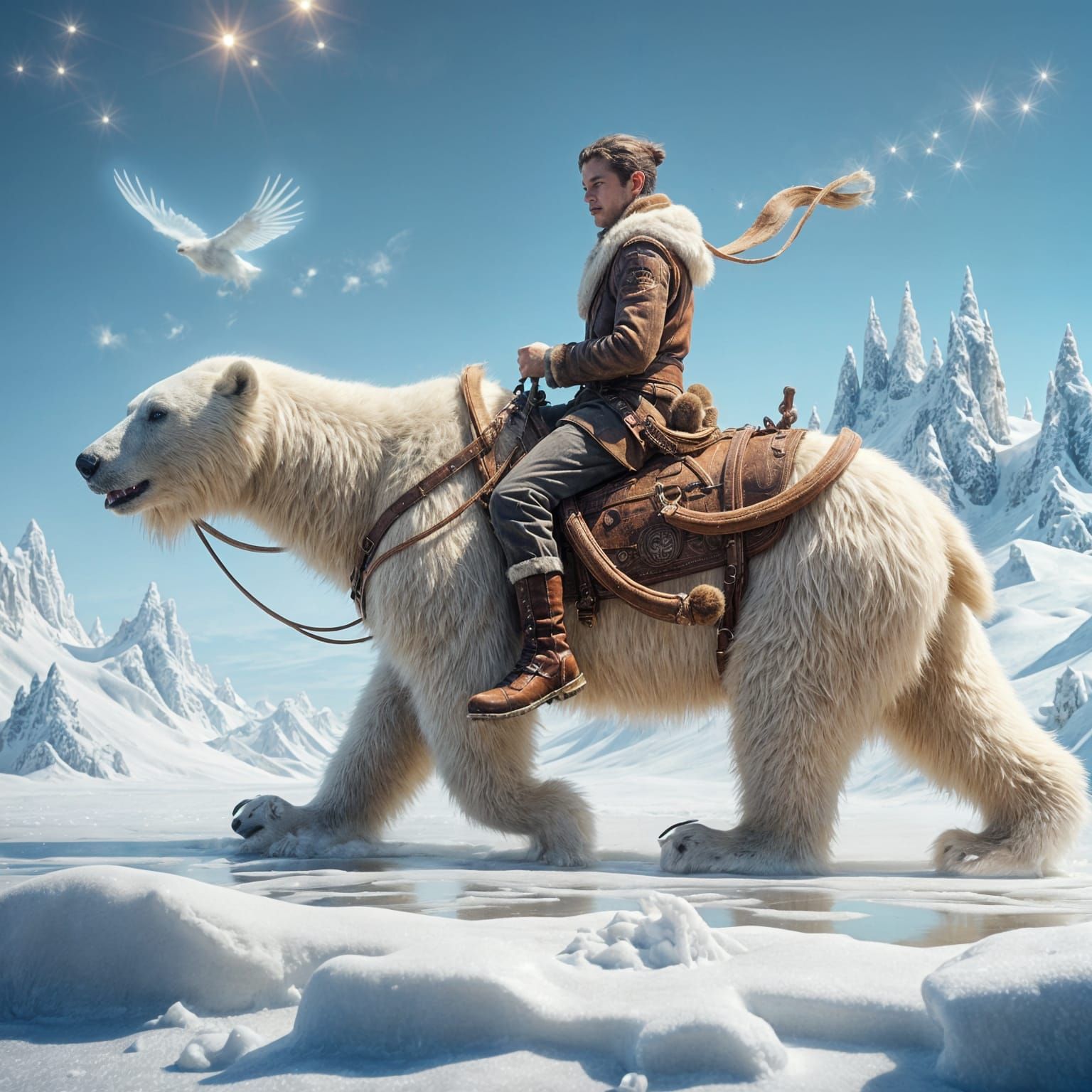 <lora:Fairy Lights:1.0> Create a stunning, cinematic scene of a young man riding a magnificent polar bear across a vast ...