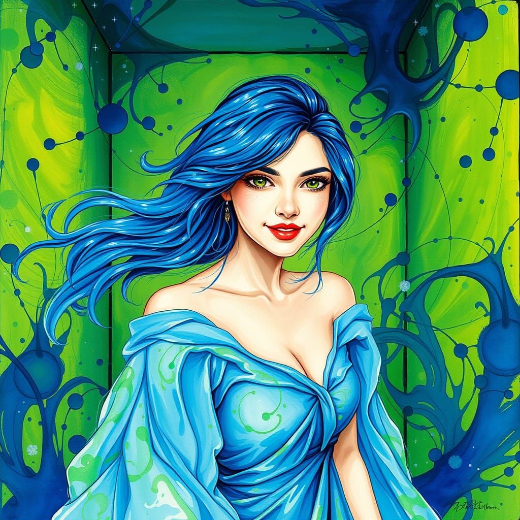 Blue-Haired Woman in Abstract Alcohol Ink Splatter Art