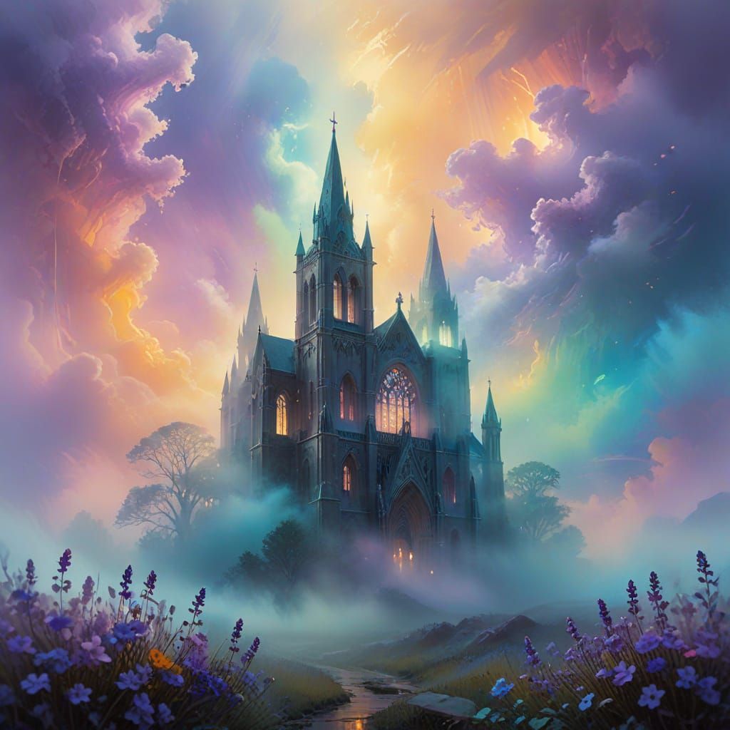 Dreamlike Gothic Cathedral in Luminous Twilight