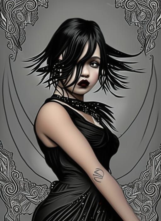 Goth Woman Dancing Tango in Ballroom, Digital Illustration