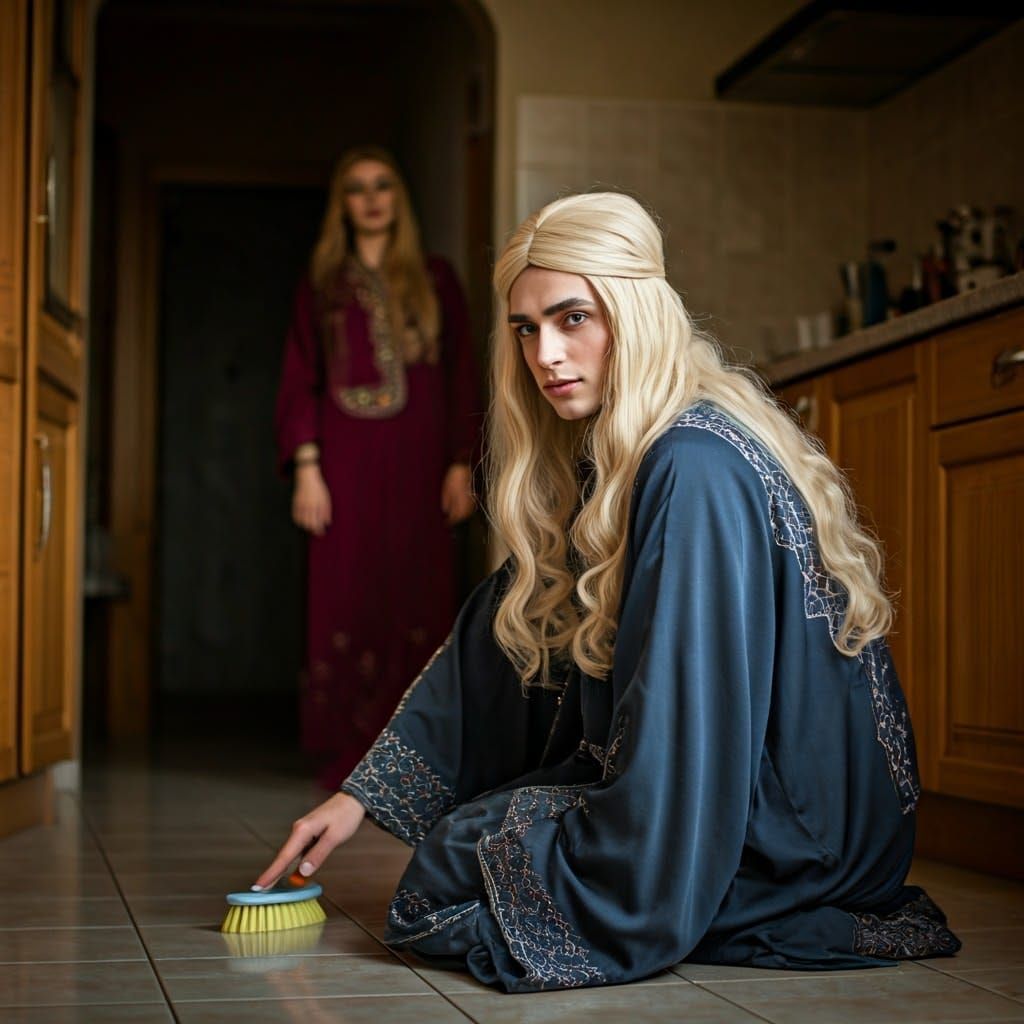 Elegantly Dressed Young Adult in Chador, Cleaning Tile with...