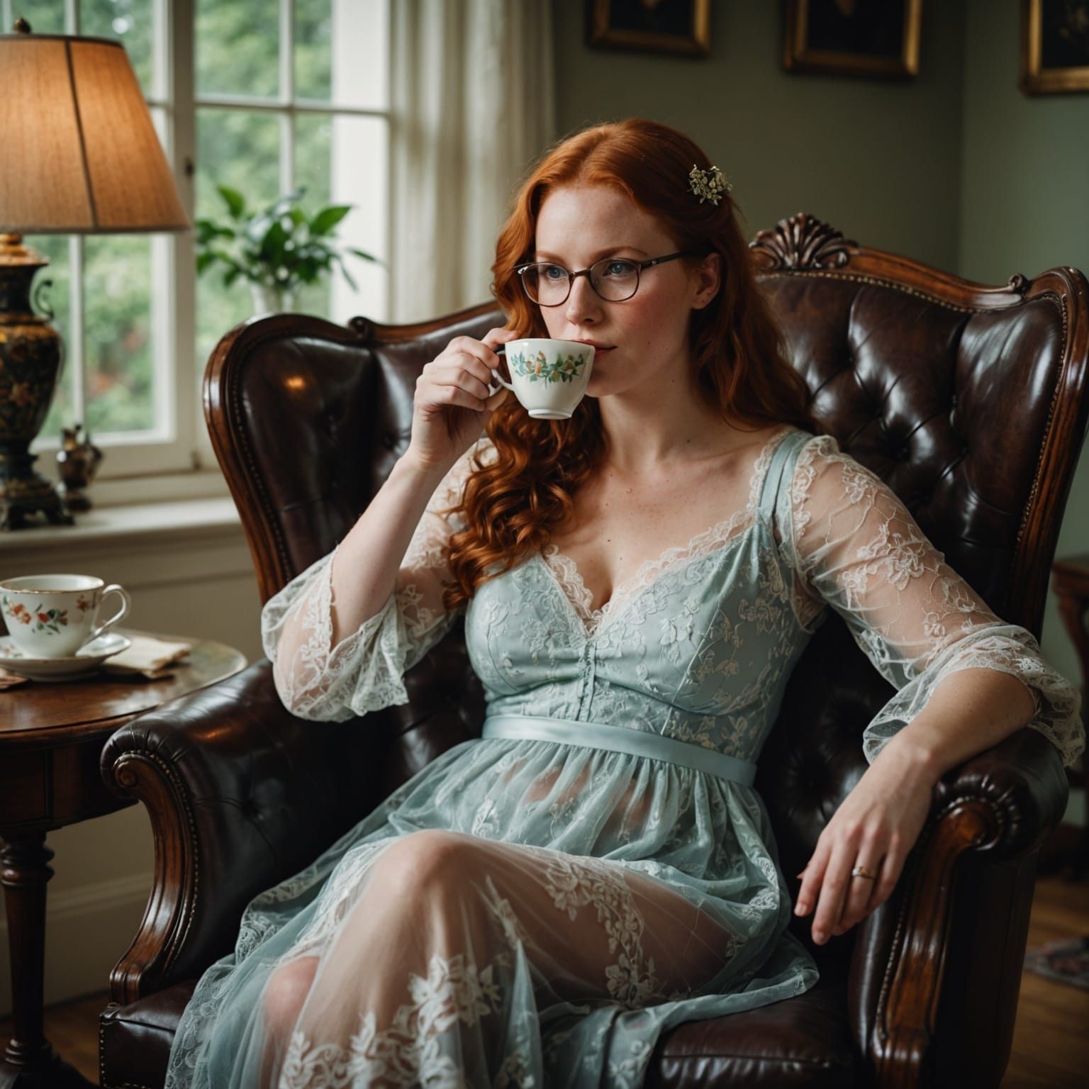 Redhead Tradwife Enjoys Tea in Lace Nightgown