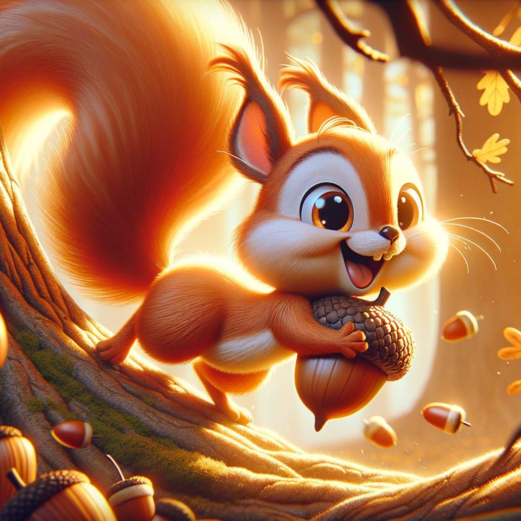 Mischievous Cartoon Squirrel Leaping Between Autumn Trees