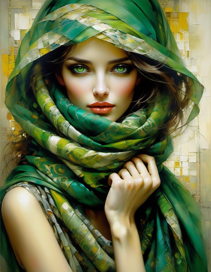 Close-Up, Beautiful woman with realistic green eyes, fun spring colours, oil painting by Yossi Kotler.
A young woman wit...