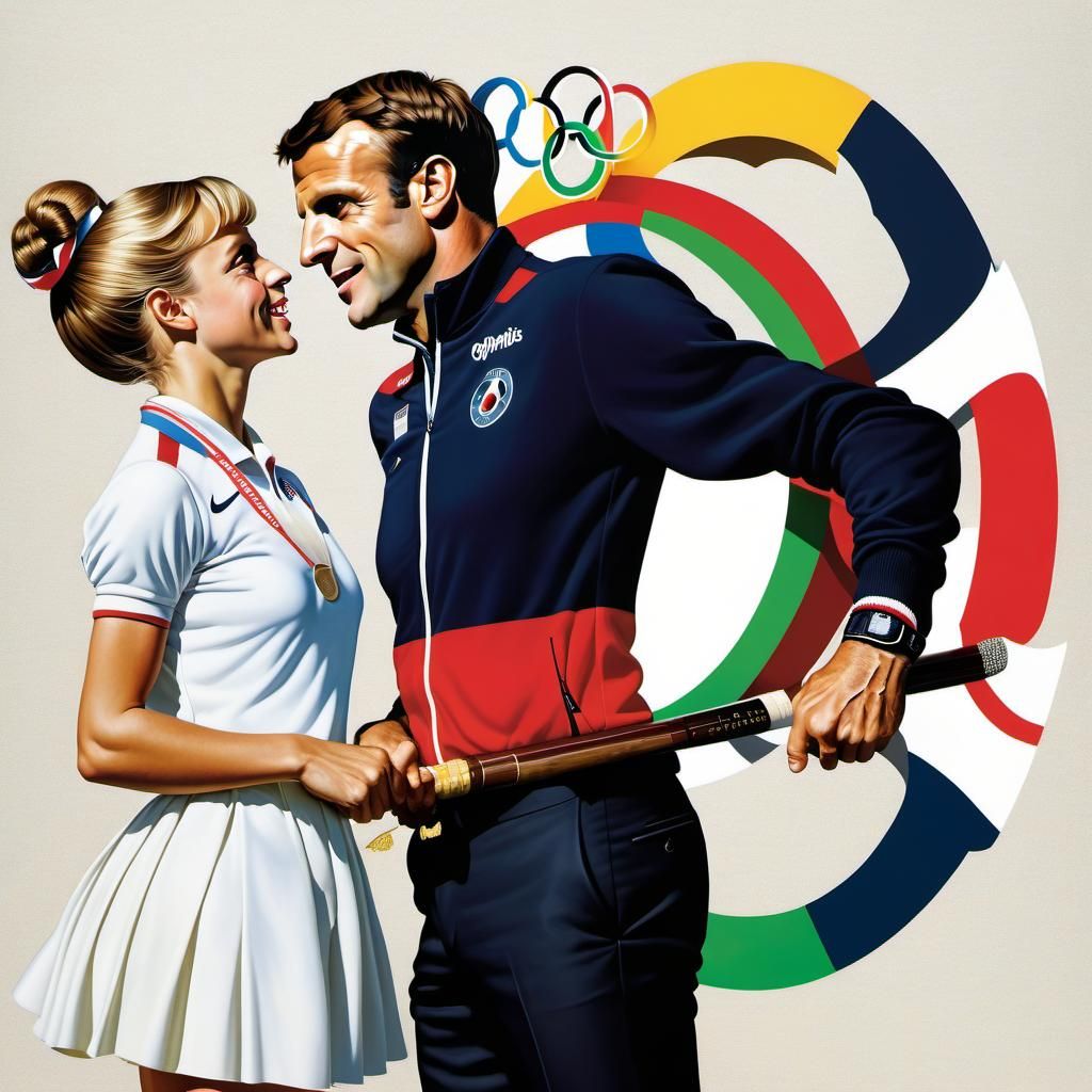 Macron at Paris Olympics: Assemblage Style Illustration