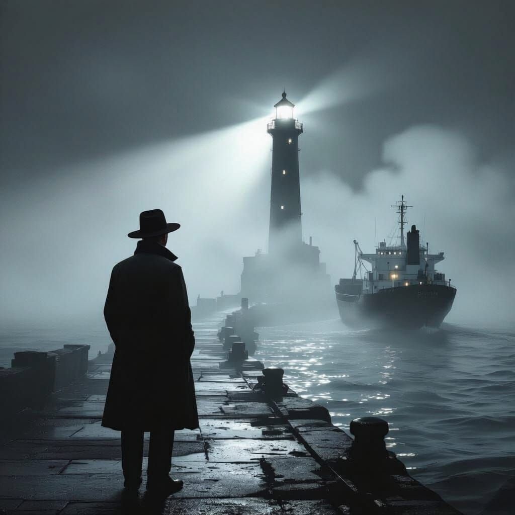 Man Watches Cargo Ship Guided by Lighthouse in Fog