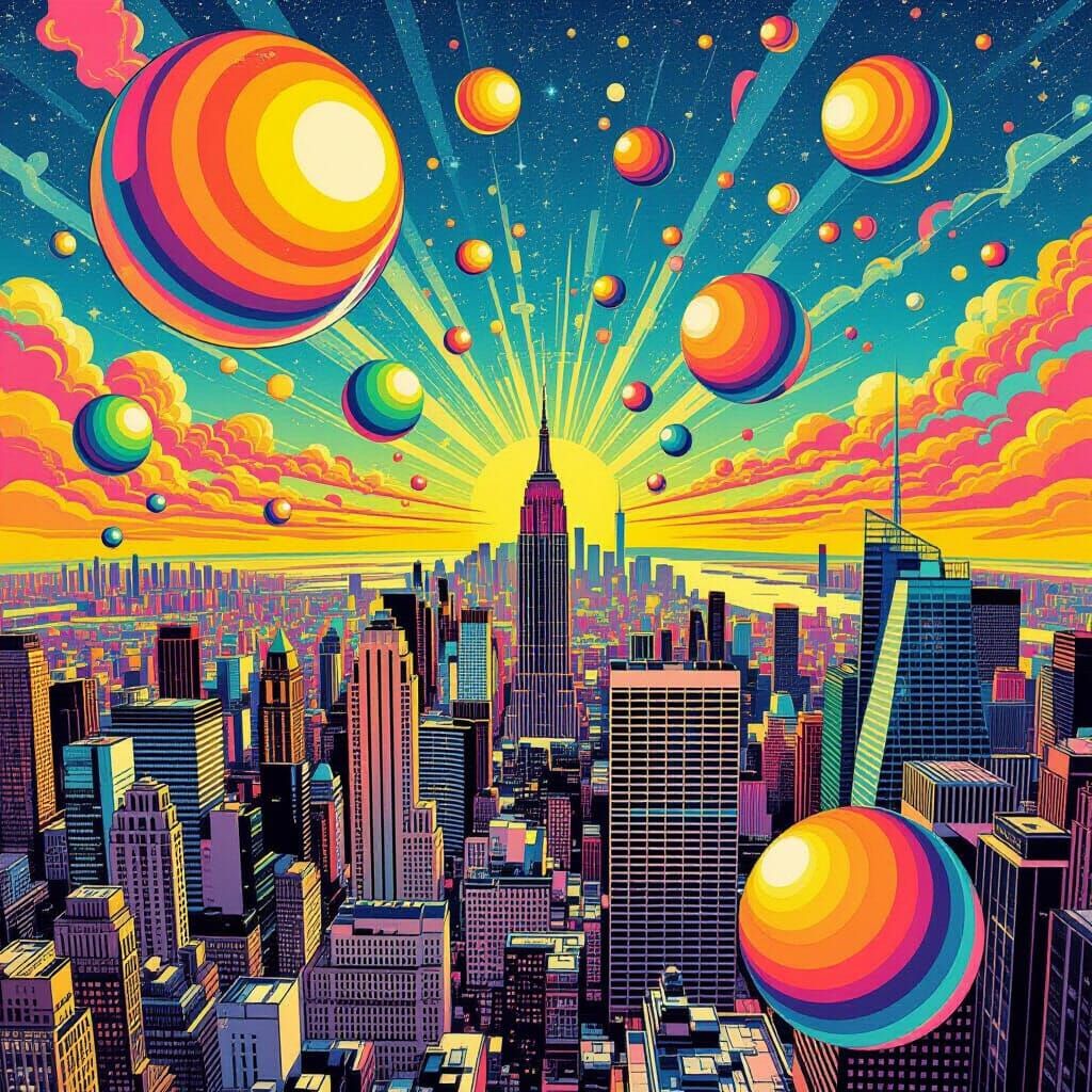 Psychedelic Spheres Over Cityscape, 60s Art Illustration