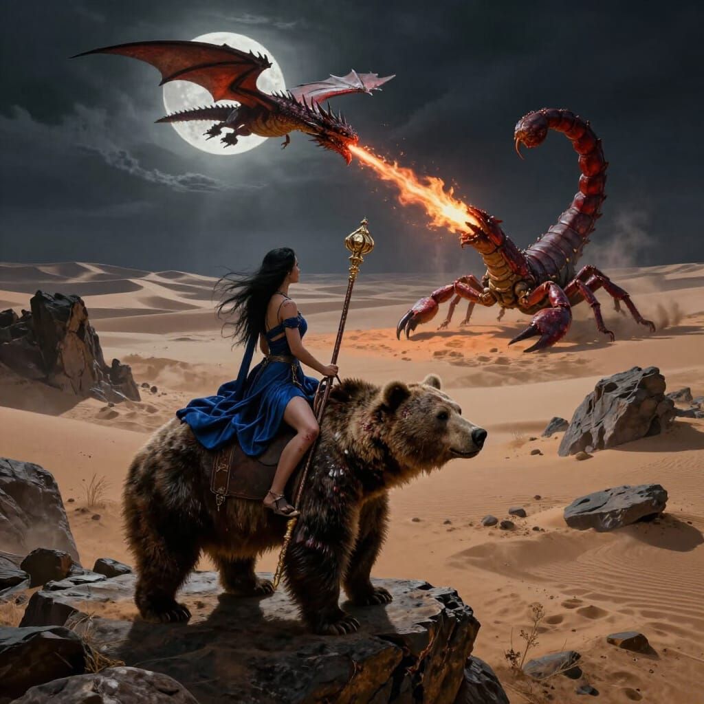 Sorceress Rides Bear Against Desert Storm and Dragon