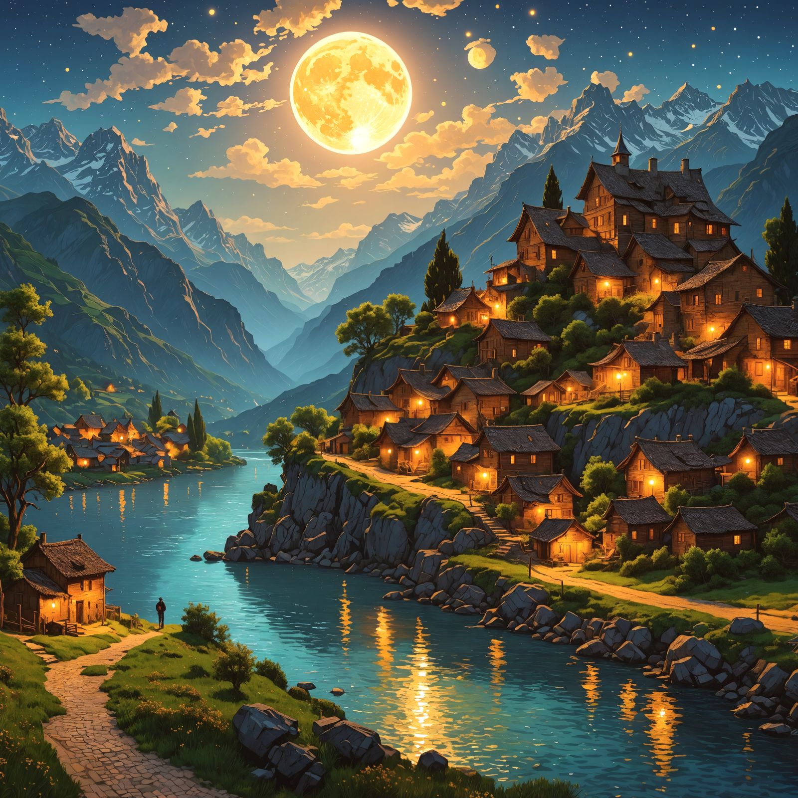 Night River Village in Van Gogh Style