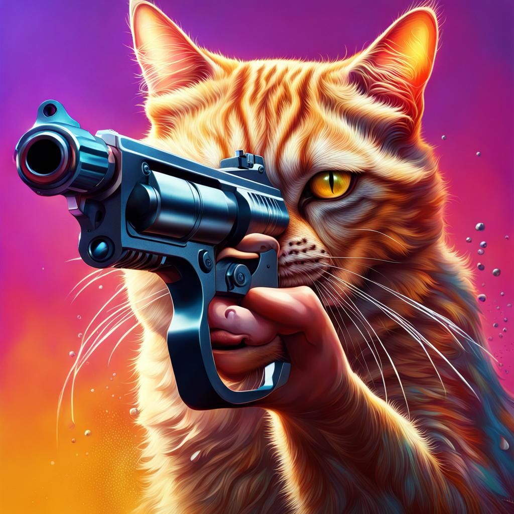 Hyperrealistic Cat Gun in Colorful Splash Art Style