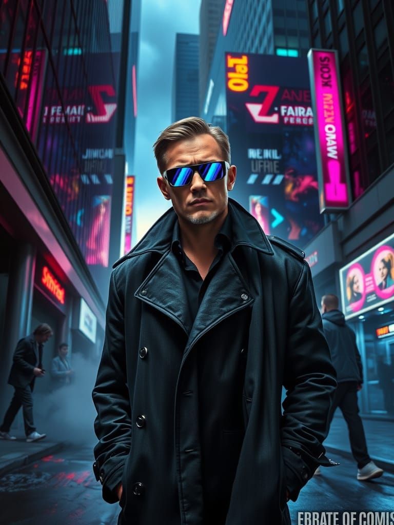 Confident Cyberpunk Hero in a Futuristic Cityscape
