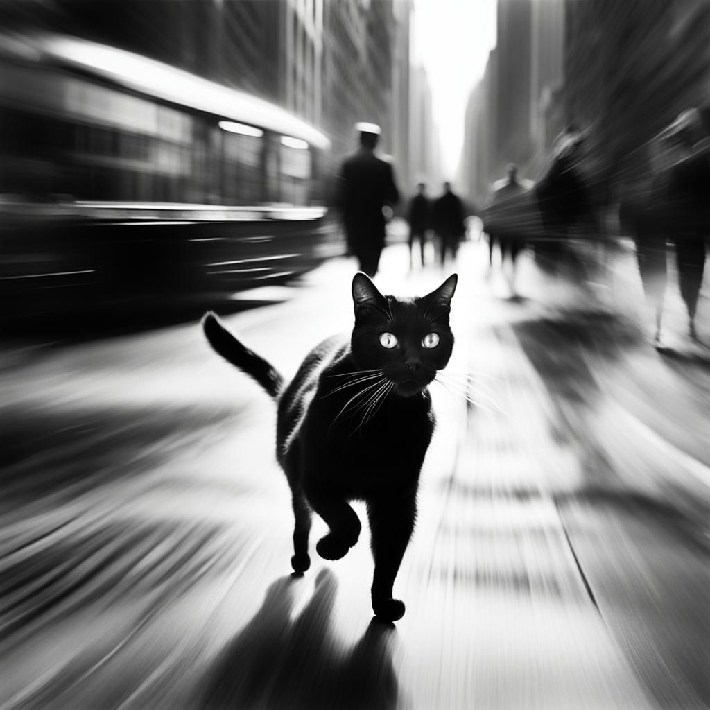Black Cat in Motion: Urban Black and White Photo