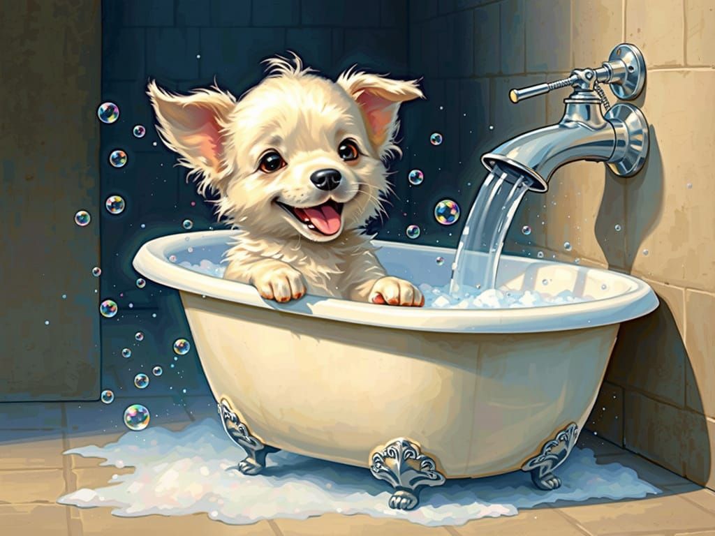 This cute puppy is taking a bath.