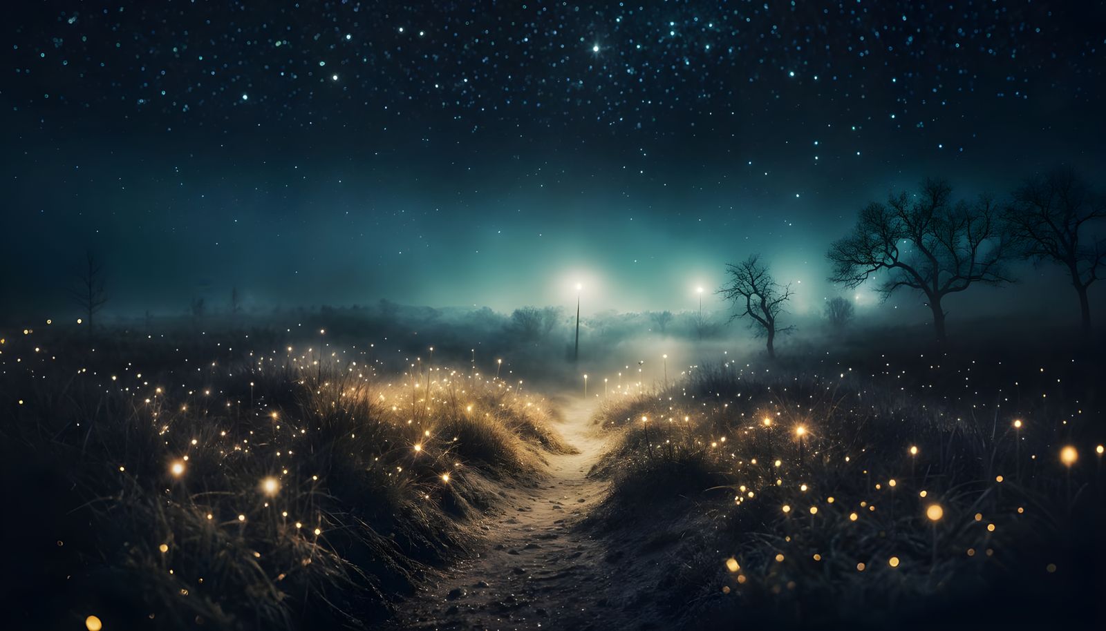 Surreal Night Landscape with Fog and Stars