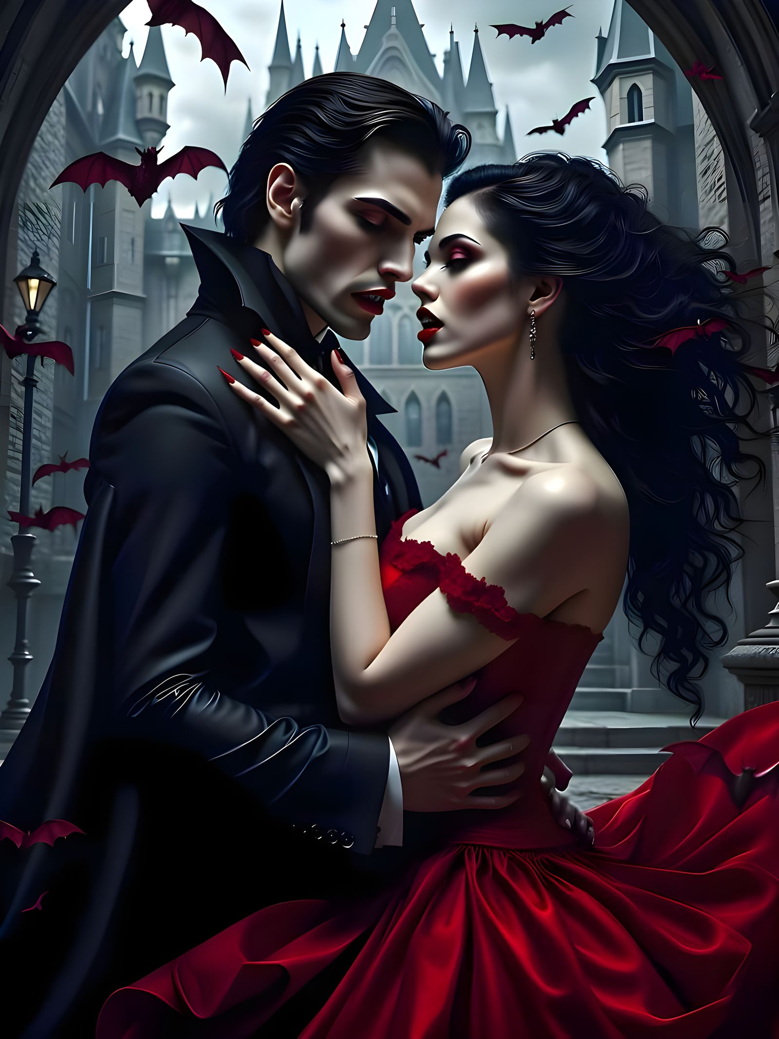 <lora:Vampire with fangs:1.0> A modern day  handsome,  long black hair, fangs showing , ready to   bite a beautiful blac...