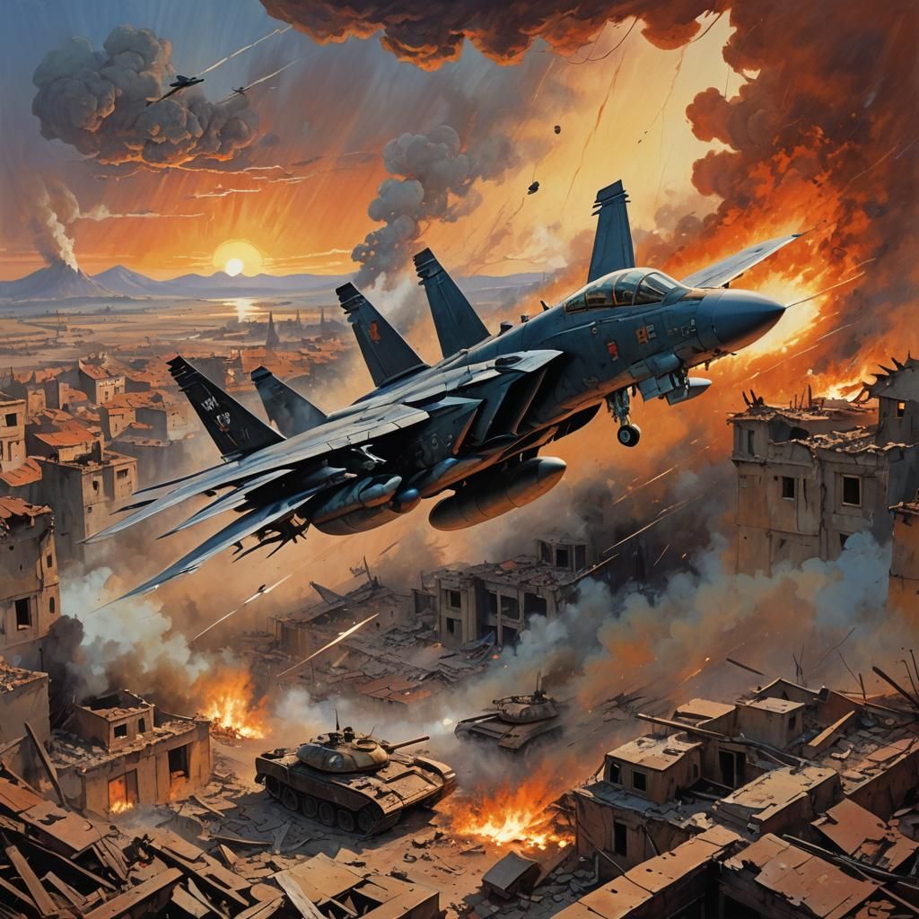F14 Tomcat Soaring Over War-Torn Landscape