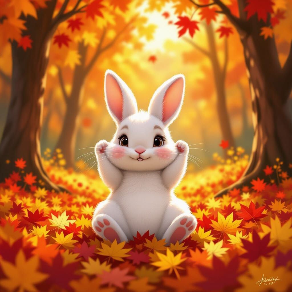 Cute Rabbit in Autumn Forest Digital Painting