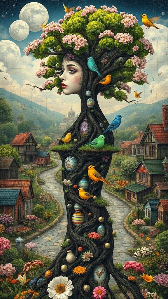 Surreal Tree Woman Stands in Dreamlike Springtime Village