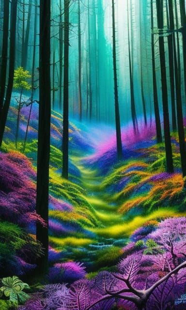 Iridescent Crystal Forest: A Dreamlike Gouache Painting
