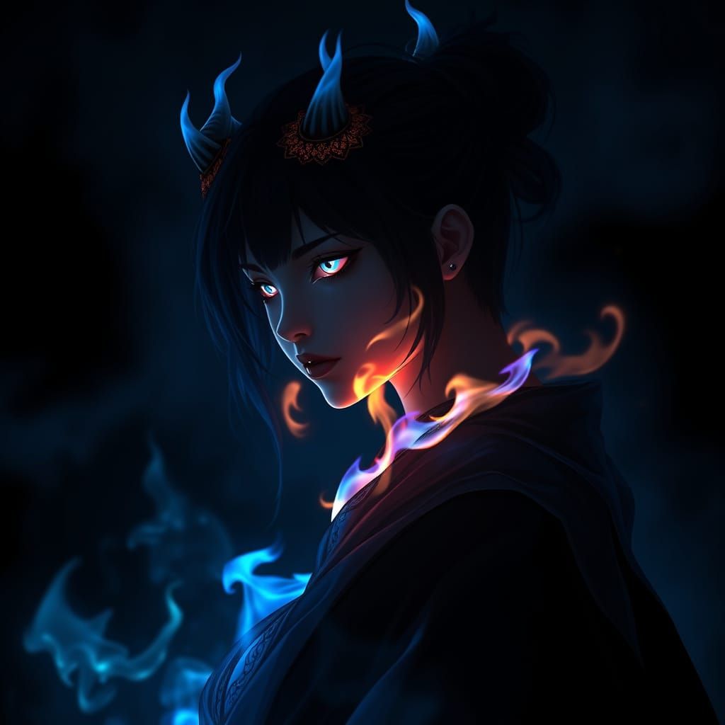 Mysterious Dark Fantasy Goddess with Fiery Eyes and Horns