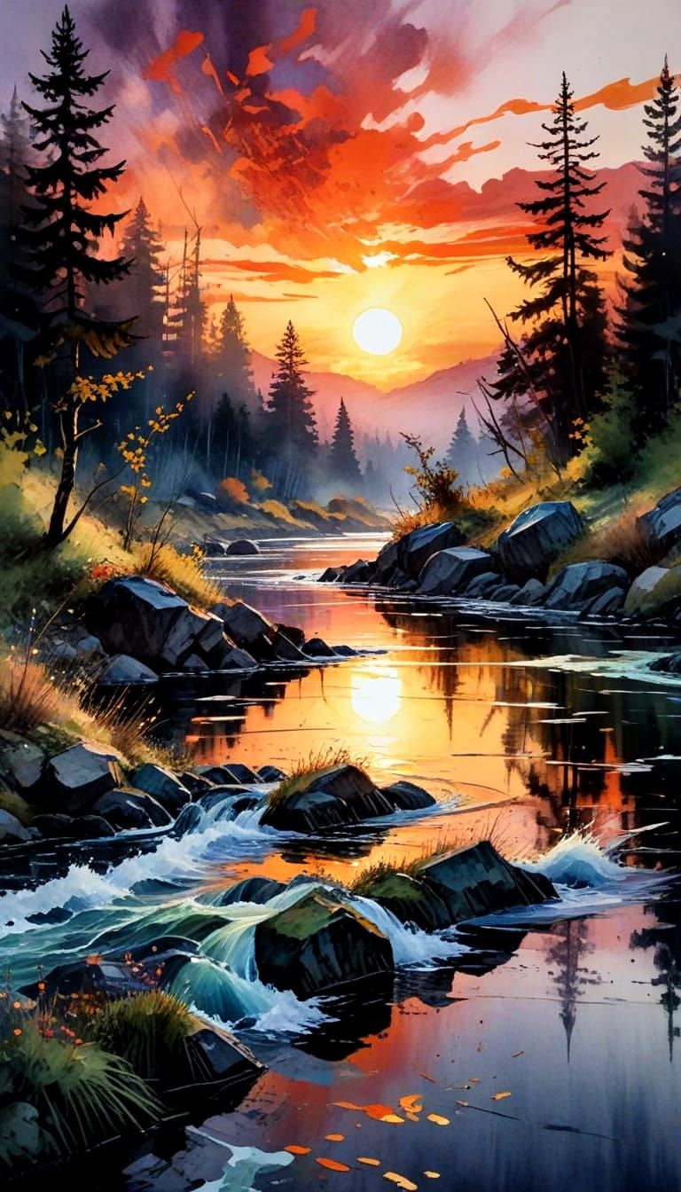 Epic Sunset Boulevard Masterpiece in Gouache Style