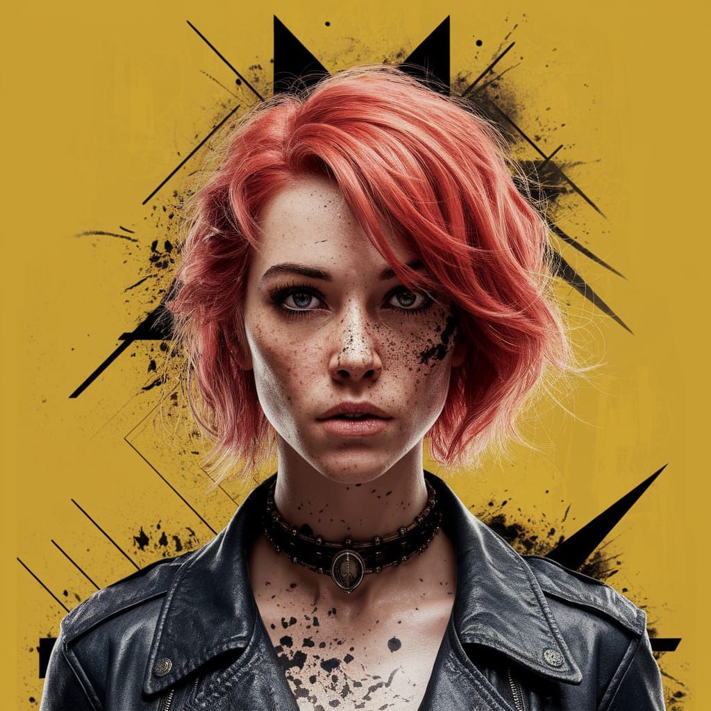 Abstract Post-Apocalyptic Geometric Art in Scarlet and Yello...