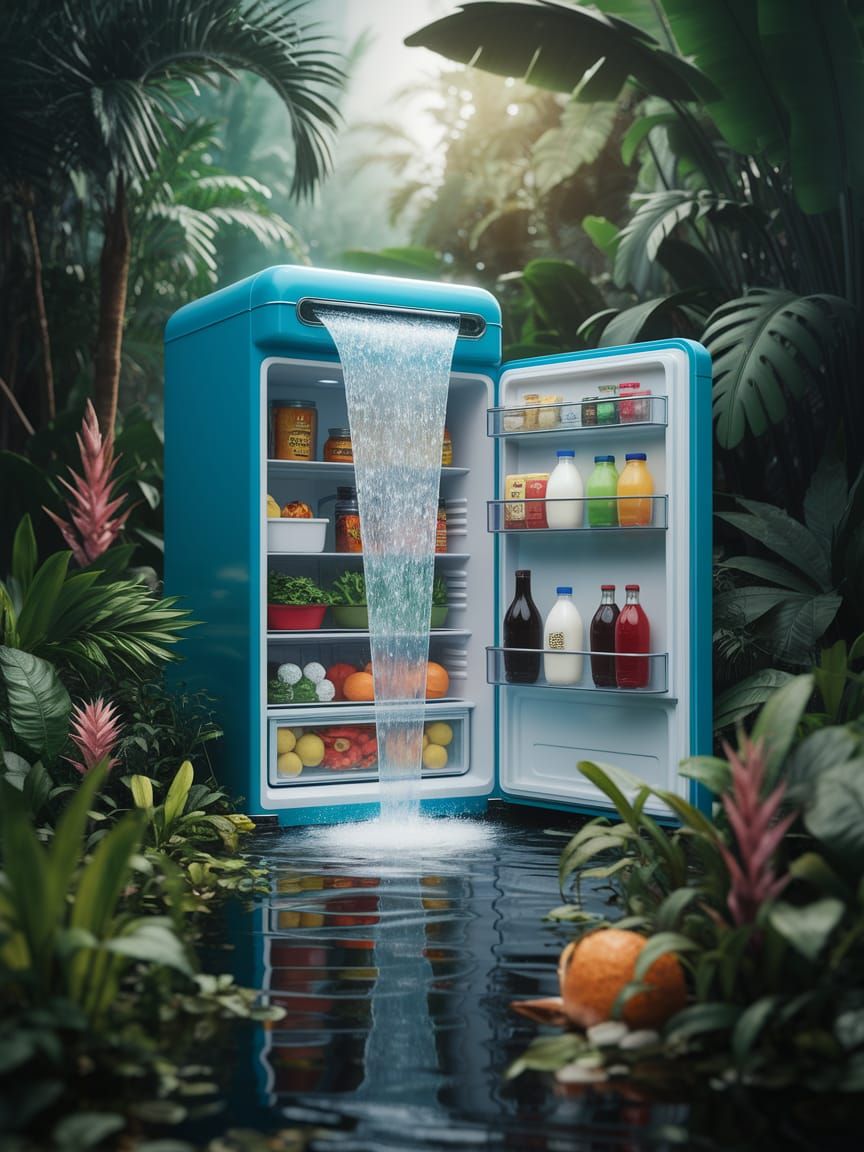 Waterfall Refrigerator in Jungle, Surreal Digital Art
