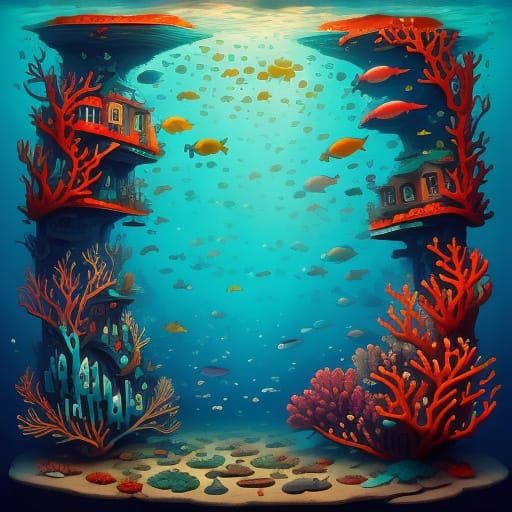 Surreal School of Fish in Underwater Cityscape