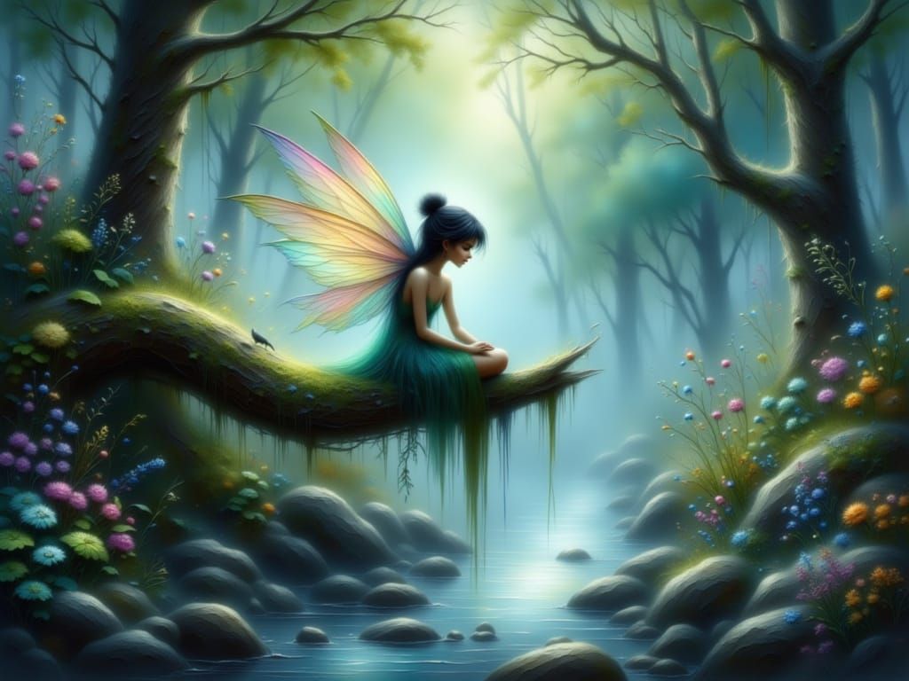 Ethereal Fairy on Mossy Branch in Ancient Forest