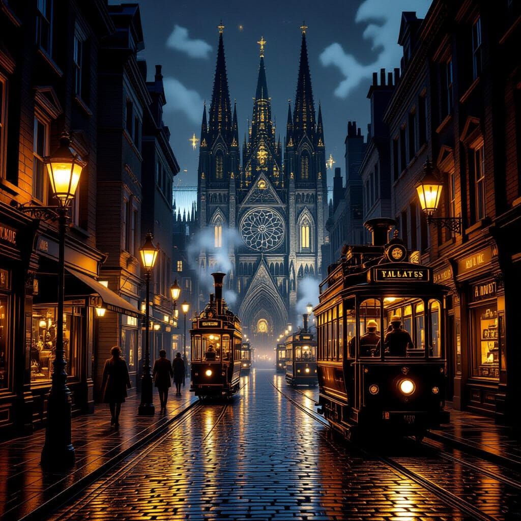 Steampunk London Street with Mechanical Cathedral