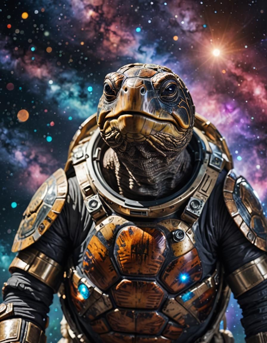 Mummified Turtle in Spacesuit Against Galaxy Backdrop
