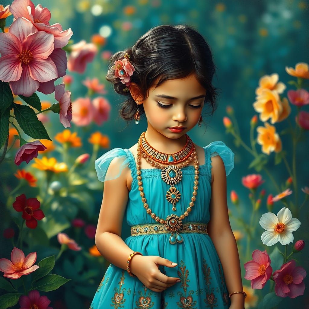 Girl in Turquoise Dress in Lush Garden