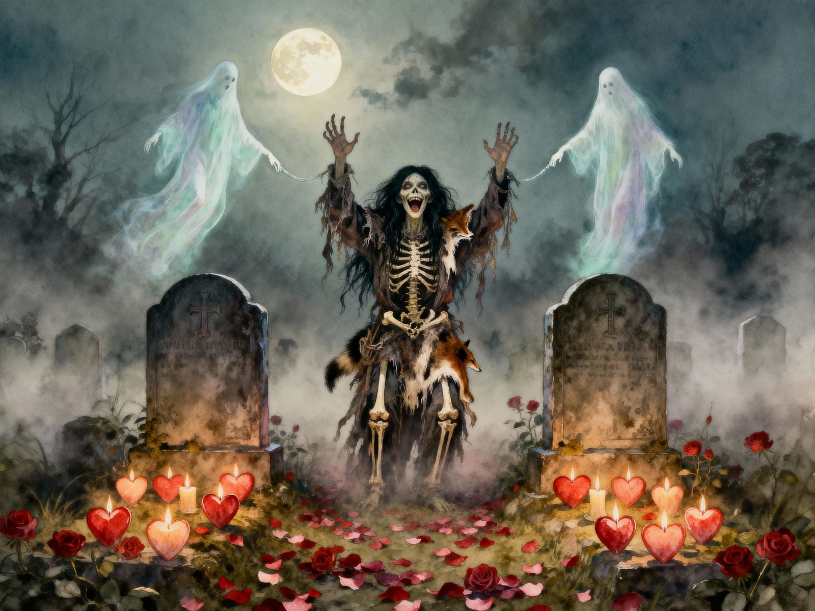 Creepy Necromancer Raising Hands Under Full Moon