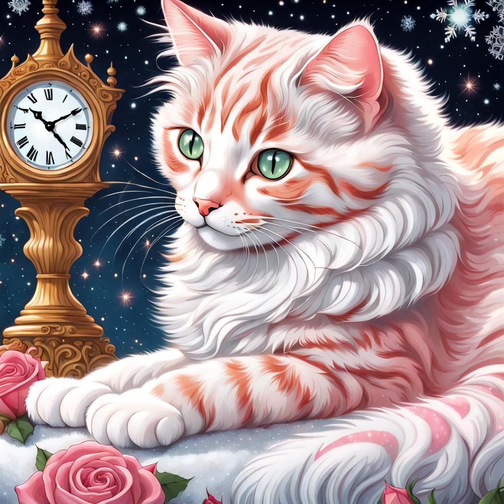 Pink Tabby Cat on Ornate Clock with Snowflakes