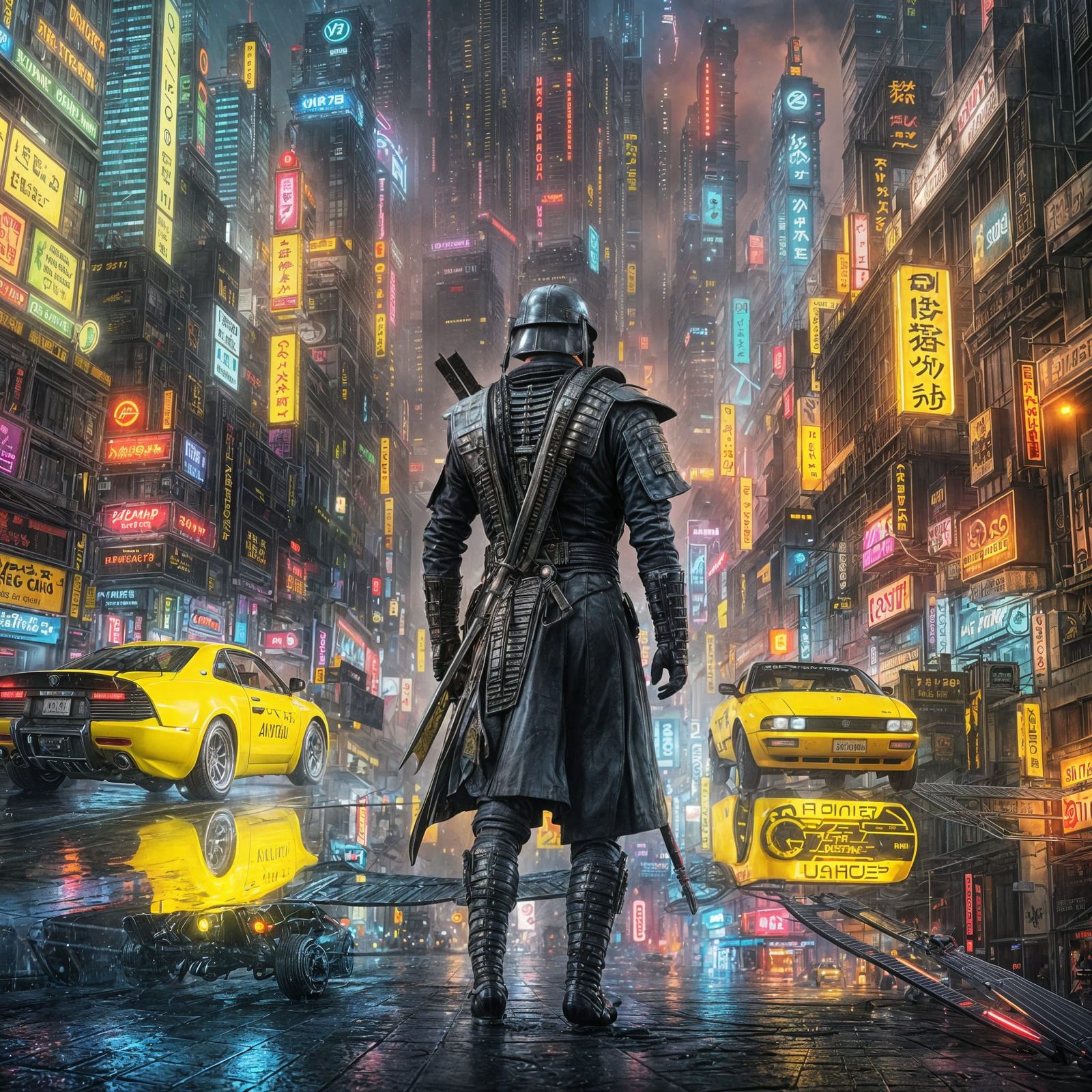 Samurai in Cyberpunk Cityscape with Flying Cars