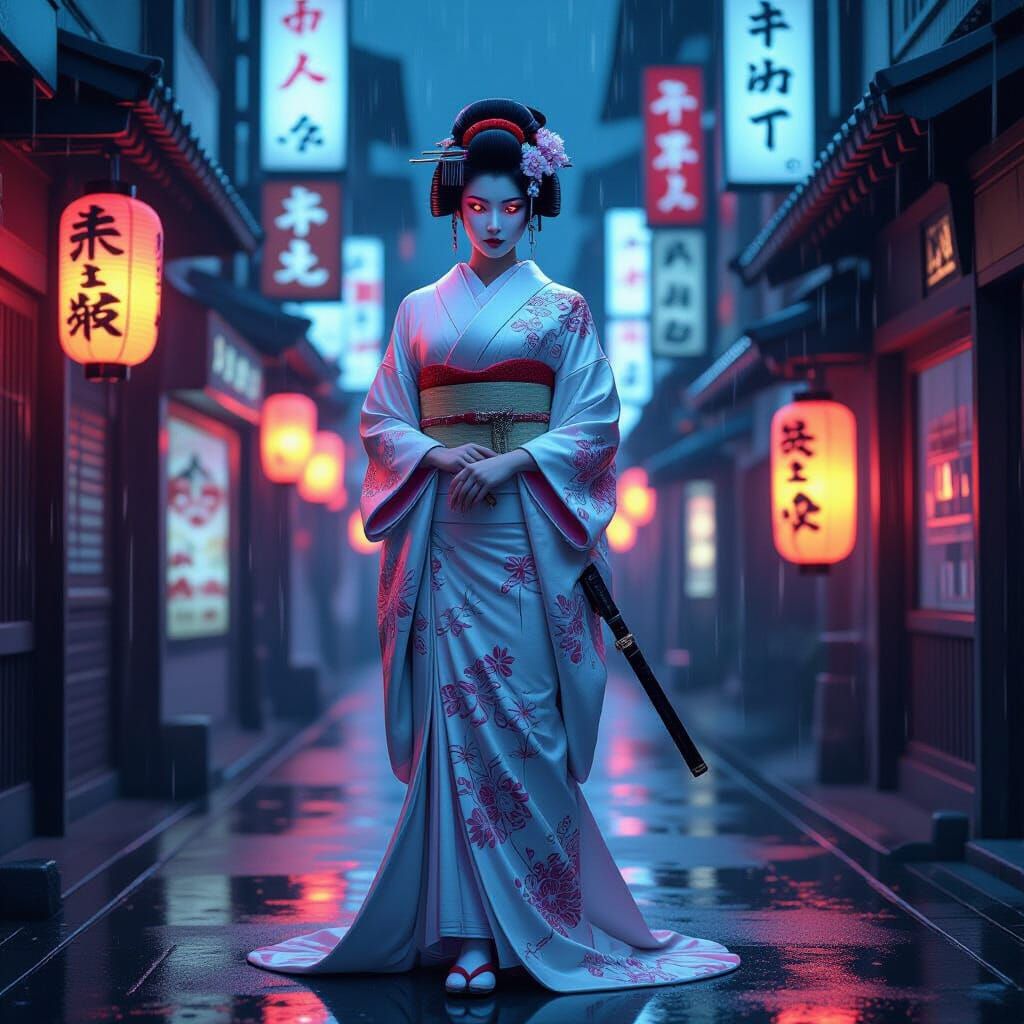 Cyber-Geisha in Rainy Alleyway with Neon Glow
