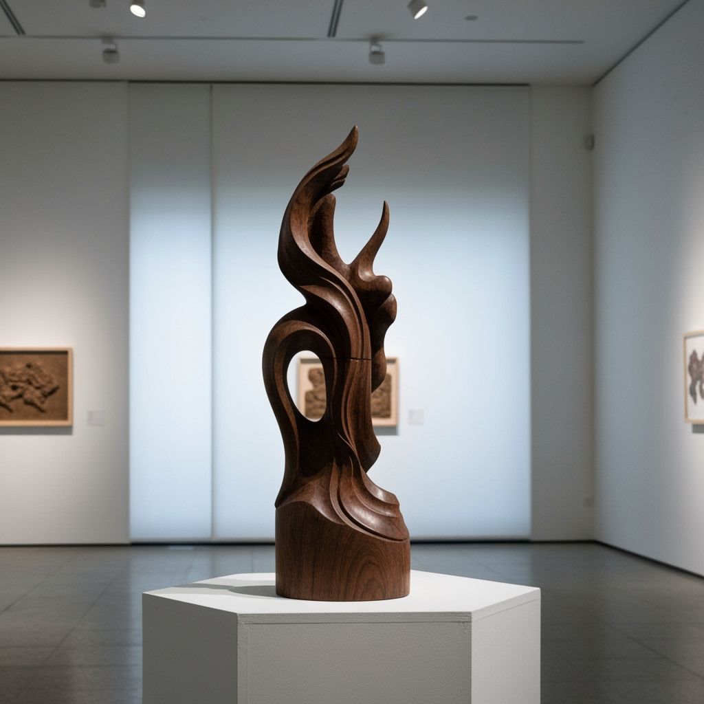 Intricate Wood Sculpture in Minimalist Art Gallery